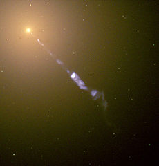 M87 with jet caused by the black hole in the center of this galaxy. Credit: NASA, ESA.
