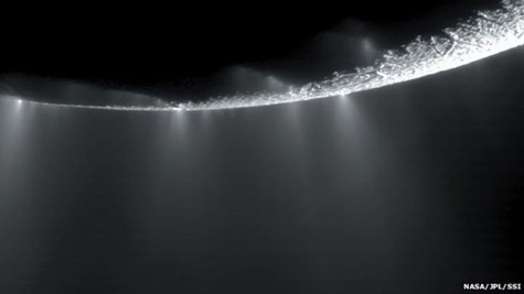 Image taken by NASA’s Cassini probe of jets of water ice being emitted from the surface of Enceladus. Credit: NASA/JPL/SSI